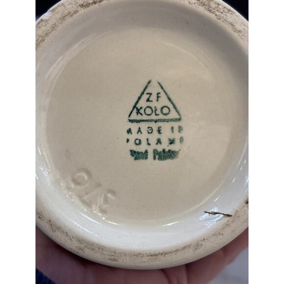 Polish pitcher 6 3/4” tall w handle marked ZF KOLO blue and white hand painted - Picture 3 of 4